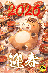 満腹,おせち,おせち料理,お雑煮,鏡餅,鏡もち,2026,迎春,馬イラスト,午,馬,うま,ウマ,かわいい,カワイイ,キャラクター,午年,干支,正月,お正月,年賀状,2026午年,午年年賀状,新年,ニューイヤー,アニバーサリー,イラスト,illustration,japan,horse