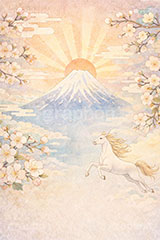 初日の出(午年),馬イラスト,午,馬,うま,ウマ,富士山,初日の出,日の出,午年,干支,正月,お正月,梅,梅の花,水彩,水彩画,年賀状,2026午年,午年年賀状,新年,ニューイヤー,アニバーサリー,イラスト,illustration,japan,horse