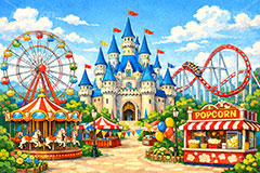 遊園地の背景,遊園地,テーマパーク,アトラクション,ジェットコースター,メリーゴーランド,観覧車,売店,ポップコーン,お城,キャッスル,背景,amusement,themepark,castle