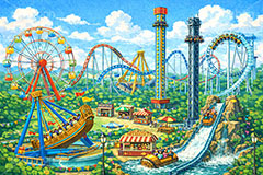 遊園地の背景,遊園地,テーマパーク,アトラクション,ジェットコースター,絶叫,フリーフォール,バイキング,ウォータースライダー,観覧車,売店,ポップコーン,背景,amusement,themepark