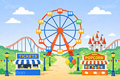 遊園地の背景,遊園地,テーマパーク,アトラクション,ジェットコースター,観覧車,売店,ポップコーン,お城,キャッスル,チケット,背景,amusement,themepark,castle,ticket