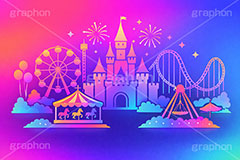 遊園地シルエット,シルエット,遊園地の背景,遊園地,テーマパーク,アトラクション,ジェットコースター,メリーゴーランド,観覧車,花火,風船,フリーフォール,バイキング,お城,キャッスル,背景,グラデーション,gradation,amusement,themepark,castle,balloon