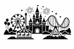 遊園地シルエット,シルエット,遊園地の背景,遊園地,テーマパーク,アトラクション,ジェットコースター,メリーゴーランド,観覧車,花火,風船,フリーフォール,バイキング,お城,キャッスル,背景,amusement,themepark,castle,balloon