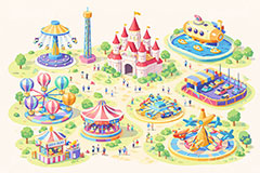 アイソメトリックな遊園地,アイソメトリック,パース,遊園地の背景,遊園地,テーマパーク,アトラクション,空中ブランコ,サブマリン,ゴーカート,フリーフォール,バルーン,メリーゴーランド,お城,キャッスル,背景,amusement,themepark,castle,balloon,submarine