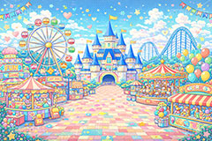 平成レトロな遊園地,平成レトロ,平成,レトロ,遊園地の背景,遊園地,かわいい,カワイイ,可愛い,テーマパーク,アトラクション,ジェットコースター,メリーゴーランド,ハート,バルーン,ガーランド,風船,観覧車,売店,ゲーム,お城,キャッスル,背景,amusement,themepark,castle,game,heart,balloon
