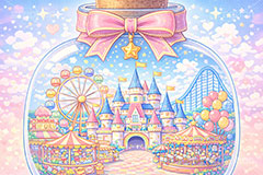 平成レトロな遊園地,平成レトロ,平成,レトロ,遊園地の背景,遊園地,瓶,ビン,びん,かわいい,カワイイ,可愛い,メルヘン,テーマパーク,アトラクション,ジェットコースター,メリーゴーランド,ハート,バルーン,風船,観覧車,売店,お城,キャッスル,背景,amusement,themepark,castle,game,heart,balloon