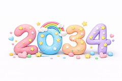 2034(クレイ),年号,西暦,クレイ,クレイアート,ねんど,粘土,虹,星,レインボー,年賀状,お正月,正月,年明け,新年,ニューイヤー,アニバーサリー,イベント,行事,ポップ,かわいい,カワイイ,可愛い,メッセージ,テキスト,message,text,POP,event,anniversary,clay,rainbow,2034