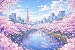 都会の桜,都会,川,桜,さくら,サクラ,花見,ブロッサム,春,花,花びら,花弁,背景,イラスト,blossom,spring,flower,AI生成素材