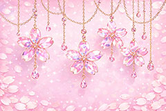 ジュエリー・ブロッサム,宝石,アクセ,ジュエリー,クリスタル,チェーン,桜,さくら,サクラ,花見,しずく,雫,ブロッサム,春,花,花びら,花弁,背景,キラキラ,イラスト,blossom,spring,flower,glass,jewel,AI生成素材