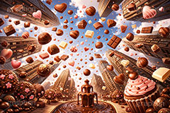 チョコレートの雨,チョコレート都市,たくさんのチョコレート,都市,街,都会,不思議,面白い,おもしろ,ビル,バレンタイン,バレンタインデー,チョコレート,菓子,お菓子,告白,愛,恋,恋愛,ラブ,らぶ,女子力,ガーリー,甘い,スイーツ,chocolate,valentine,sweet,building,AI生成素材