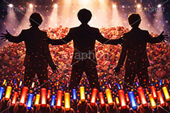 推しへのチョコレート,バレンタインデー,バレンタイン,チョコレート,プレゼント,贈り物,山積み,たくさん,サイリウム,ペンライト,アイドル,グループ,イケメン,ライブステージ,ステージ,推し,推し活,舞台,ライブ,ライヴ,コンサート,シアター,ホール,背景,照明,音楽,主役,人物,男性,男,ミュージック,ライト,スポットライト,イラスト,illustration,light,frame,hall,theater,live,stage,music,chocolate,valentine,present,AI生成素材