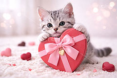 プレゼント,ハート,リボン,贈り物,愛,恋,バレンタインデー,バレンタイン,アメリカンショートヘアの子猫,ねこ,ネコ,猫,子猫,キャット,アメリカンショートヘア,アメショ,かわいい,カワイイ,可愛い,キュート,ペット,動物,cute,pet,cat,valentine,present,heart,AI生成素材
