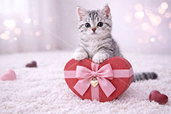 プレゼント,ハート,リボン,贈り物,愛,恋,バレンタインデー,バレンタイン,アメリカンショートヘアの子猫,ねこ,ネコ,猫,子猫,キャット,アメリカンショートヘア,アメショ,かわいい,カワイイ,可愛い,キュート,ペット,動物,cute,pet,cat,valentine,present,heart,AI生成素材