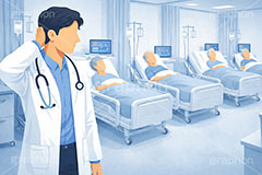 高齢化,医師不足,人員不足,医師,医療,通院,病院,診察,病室,問題,医療問題,社会問題,ヘルスケア,ケア,メディカル,健康,人物,キャラクター,おじいさん,おばあさん,おじさん,おばさん,お年寄り,高齢者,シニア,イラスト,illustration,healthcare,health,hospital,medical,AI生成素材