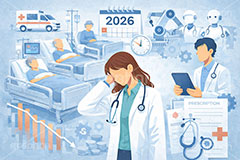 医師不足,人員不足,AI,ロボット,医療問題,社会問題,問題,高齢化,医師,医療,通院,病院,診察,病室,ヘルスケア,ケア,メディカル,健康,人物,キャラクター,おじいさん,おばあさん,おじさん,おばさん,お年寄り,高齢者,シニア,イラスト,illustration,healthcare,health,hospital,medical,AI生成素材