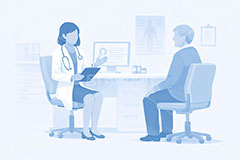 診察,通院,診察室,高齢化,医師,医療,病院,病室,問題,医療問題,社会問題,ヘルスケア,ケア,メディカル,健康,人物,キャラクター,おじいさん,おじさん,お年寄り,高齢者,シニア,イラスト,illustration,healthcare,health,hospital,medical,AI生成素材