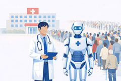 医師不足,人員不足,AI,ロボット,医療問題,社会問題,問題,高齢化,医師,医療,通院,病院,診察,病室,ヘルスケア,ケア,メディカル,健康,人物,キャラクター,おじいさん,おばあさん,おじさん,おばさん,お年寄り,高齢者,シニア,イラスト,illustration,healthcare,health,hospital,medical,AI生成素材