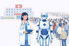 医師不足,人員不足,AI,ロボット,医療問題,社会問題,問題,高齢化,医師,医療,通院,病院,診察,病室,ヘルスケア,ケア,メディカル,健康,人物,キャラクター,おじいさん,おばあさん,おじさん,おばさん,お年寄り,高齢者,シニア,イラスト,illustration,healthcare,health,hospital,medical,AI生成素材