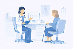 診察,通院,診察室,高齢化,医師,医療,病院,病室,問題,医療問題,社会問題,ヘルスケア,ケア,メディカル,健康,人物,キャラクター,おばあさん,おばさん,お年寄り,高齢者,シニア,イラスト,illustration,healthcare,health,hospital,medical,AI生成素材