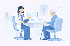 診察,通院,診察室,高齢化,医師,医療,病院,病室,問題,医療問題,社会問題,ヘルスケア,ケア,メディカル,健康,人物,キャラクター,おじいさん,おじさん,お年寄り,高齢者,シニア,イラスト,illustration,healthcare,health,hospital,medical,AI生成素材