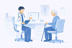 診察,通院,診察室,高齢化,医師,医療,病院,病室,問題,医療問題,社会問題,ヘルスケア,ケア,メディカル,健康,人物,キャラクター,おじいさん,おじさん,お年寄り,高齢者,シニア,イラスト,illustration,healthcare,health,hospital,medical,AI生成素材