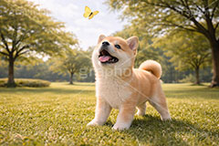 蝶々と遊ぶ,ちょうちょ,蝶々,春,じゃれる,遊ぶ,興味,豆柴の子犬,公園,芝生,いぬ,イヌ,犬,子犬,ドッグ,豆柴,かわいい,カワイイ,可愛い,キュート,ペット,動物,cute,pet,dog,spring,AI生成素材