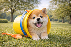 砂場遊び？,砂場,ばけつ,バケツ,おもちゃ,玩具,じゃれる,遊ぶ,興味,豆柴の子犬,公園,芝生,甘え,いぬ,イヌ,犬,子犬,ドッグ,豆柴,かわいい,カワイイ,可愛い,キュート,ペット,動物,cute,pet,dog,spring,AI生成素材