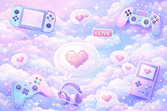 ゲーム実況,ゲーム,ゲーム配信,コントローラー,ゲーム機,携帯ゲーム,携帯ゲーム機,ヘッドセット,ヘッドフォン,ドットハート,吹き出し,フキダシ,ハート,好き,ライブ配信,ライバー,VTuber,配信,ライブ,配信素材,放送,映像,動画,実況,ポップ,ライブ,雲,キラキラ,LIVE,POP,illustration,LIVE,LOVE,game,AI生成素材