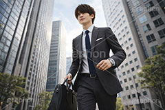 通勤,退勤,出社,サラリーマン,リーマン,ビジネス,ビル群,都会,仕事,オフィス,スーツ,ネクタイ,背広,男性,モデル,男,青年,ワイシャツ,イメージ,職場,営業,就職,就活,転職,打ち合わせ,打合せ,ミーティング,会議,取引,人物,歩く,ジャンプ,自信,気合,軽快,爽やか,さわやか,前向き,business,work,office,suit,model,image,meeting,manner,AI生成素材