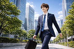 通勤,退勤,出社,サラリーマン,リーマン,ビジネス,仕事,オフィス,スーツ,ネクタイ,背広,男性,モデル,男,青年,ワイシャツ,イメージ,職場,営業,就職,就活,転職,打ち合わせ,打合せ,ミーティング,会議,取引,人物,歩く,軽快,爽やか,さわやか,前向き,business,work,office,suit,model,image,meeting,manner,AI生成素材