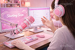 ライブ配信,配信,配信部屋,部屋,配信機材,ライバー,インフルエンサー,VTuber,配信,ライブ,ゲーム実況,コメント欄,コメント,チャット,モニタ,カメラ,キーボード,パソコン,マイク,ヘッドホン,ヘッドフォン,機材,照明,放送,映像,動画,実況,配信素材,人物,女性,ガーリー,カワイイ,かわいい,可愛い,SNS,PC,monitor,mic,live,streamer,AI生成素材