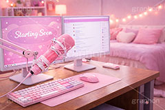 配信部屋,部屋,配信機材,ライブ配信,配信,ライバー,インフルエンサー,VTuber,配信,ライブ,ゲーム実況,コメント欄,コメント,チャット,モニタ,カメラ,キーボード,パソコン,マイク,ヘッドホン,ヘッドフォン,機材,照明,放送,映像,動画,実況,配信素材,ガーリー,カワイイ,かわいい,可愛い,SNS,PC,monitor,mic,live,streamer,AI生成素材