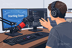 ライブ配信,配信,ライバー,インフルエンサー,VTuber,配信,ライブ,ゲーム実況,コメント欄,コメント,チャット,モニタ,カメラ,キーボード,パソコン,マイク,ヘッドホン,ヘッドフォン,機材,放送,映像,動画,実況,配信素材,人物,男性,イラスト,illustration,SNS,PC,monitor,mic,live,streamer,AI生成素材