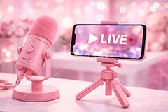 配信機材,ライブ配信,配信,スマホ,スマートフォン,ライバー,インフルエンサー,VTuber,配信,ライブ,ゲーム実況,コメント欄,コメント,チャット,カメラ,パソコン,マイク,ヘッドホン,ヘッドフォン,三脚,機材,放送,映像,動画,実況,配信素材,ガーリー,カワイイ,かわいい,可愛い,SNS,PC,monitor,mic,live,streamer,AI生成素材