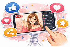 ライブ配信,いいね,共有,シェア,お気に入り,グッド,吹き出し,フキダシ,配信,スマホ,スマートフォン,ライバー,インフルエンサー,VTuber,配信,ライブ,ゲーム実況,コメント欄,コメント,チャット,カメラ,パソコン,三脚,機材,放送,映像,動画,実況,配信素材,人物,女性,イラスト,illustration,SNS,PC,monitor,mic,live,streamer,good,share,AI生成素材