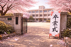 卒業式,卒業,校門,看板,別れ,学校,校庭,グラウンド,桜,さくら,サクラ,花見,ブロッサム,春,花,花びら,花弁,背景,blossom,spring,flower,AI生成素材