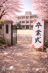卒業式,卒業,校門,看板,別れ,学校,校庭,グラウンド,桜,さくら,サクラ,花見,ブロッサム,春,花,花びら,花弁,背景,blossom,spring,flower,AI生成素材