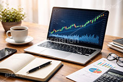 チャート上昇,チャート,パソコン,ノートパソコン,スマホ,スマートフォン,携帯電話,デスク,メガネ,めがね,眼鏡,ノート,資料,電卓,株,株価,株価指数,上昇,急騰,下落,暴落,家計,積立,積み立て,投資,企業,決算,円安,仮想通貨,不動産,金利,グラフ,トレード,ローソク足,資産,金,お金,マネー,損失,NISA,経済,ニュース,記事,news,GDP,PC,chart,graph,money,trade,AI生成素材