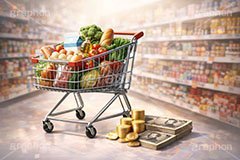 物価高,食品,食べ物,フード,スーパー,スーパーマーケット,カート,野菜,生鮮食品,買い物,会計,高い,高騰,値段,税金,消費税,家計,生活,物価,コスト,輸送,GDP,景気,金,お金,マネー,ニュース,記事,news,money,AI生成素材