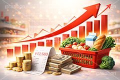 物価高,食品,食べ物,フード,スーパー,スーパーマーケット,かご,カゴ,籠,レシート,グラフ,矢印,野菜,生鮮食品,買い物,会計,高い,高騰,値段,税金,消費税,家計,生活,物価,コスト,輸送,GDP,景気,金,お金,マネー,ニュース,記事,news,money,AI生成素材
