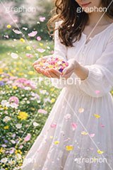 春の花畑,春,花畑,草原,公園,スプリング,花,花吹雪,花弁,花びら,桜,さくら,フラワー,花,人物,女性,女,手,hand,spring,flower,AI生成素材