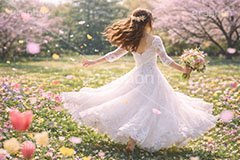 春のウェディング,ウェディング,ウェディングドレス,ドレス,ブーケ,花嫁,春の花畑,春,花畑,草原,公園,スプリング,花,花吹雪,花弁,花びら,桜,さくら,フラワー,花,人物,女性,女,wedding,bouquet,spring,flower,AI生成素材