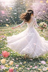 春のウェディング,ウェディング,ウェディングドレス,ドレス,ブーケ,花嫁,春の花畑,春,花畑,草原,公園,スプリング,花,花吹雪,花弁,花びら,桜,さくら,フラワー,花,人物,女性,女,wedding,bouquet,spring,flower,AI生成素材