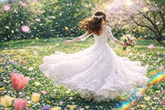 春のウェディング,ウェディング,ウェディングドレス,ドレス,ブーケ,花嫁,春の花畑,春,花畑,草原,公園,スプリング,花,花吹雪,花弁,花びら,桜,さくら,フラワー,花,人物,女性,女,フレア,flare,wedding,bouquet,spring,flower,AI生成素材