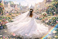 春のウェディング,ウェディング,ウェディングドレス,ドレス,ブーケ,ベール,花嫁,スプリングカーニバル,春,カーニバル,祭り,お祝い,祝い,花壇,町,広場,ヨーロッパ,スプリング,花,花吹雪,花弁,花びら,桜,さくら,フラワー,花,人物,女性,女,フレア,veil,europe,flare,wedding,bouquet,spring,flower,AI生成素材