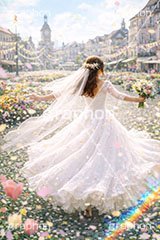 春のウェディング,ウェディング,ウェディングドレス,ドレス,ブーケ,ベール,花嫁,スプリングカーニバル,春,カーニバル,祭り,お祝い,祝い,花壇,町,広場,ヨーロッパ,スプリング,花,花吹雪,花弁,花びら,桜,さくら,フラワー,花,人物,女性,女,フレア,veil,europe,flare,wedding,bouquet,spring,flower,AI生成素材