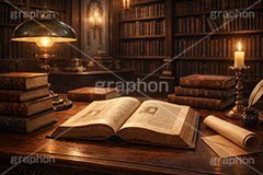 西洋の書庫,西洋,書庫,図書館,本,古本,古書,読書,手紙,封筒,羽ペン,ロウソク,ろうそく,蝋燭,ランプ,スタンド,ブック,ファンタジー,レトロ,fantasy,book,candle,AI生成素材