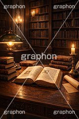 西洋の書庫,西洋,書庫,図書館,本,古本,古書,読書,手紙,封筒,羽ペン,ロウソク,ろうそく,蝋燭,ランプ,スタンド,ブック,ファンタジー,レトロ,fantasy,book,candle,AI生成素材