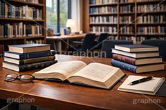 図書館,書庫,本,読書,勉強,自習,メモ,めがね,メガネ,眼鏡,ブック,ペン,ノート,note,book,memo,AI生成素材