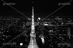 東京タワー夜景,モノクロ,白黒,しろくろ,モノクローム,単色画,単彩画,単色